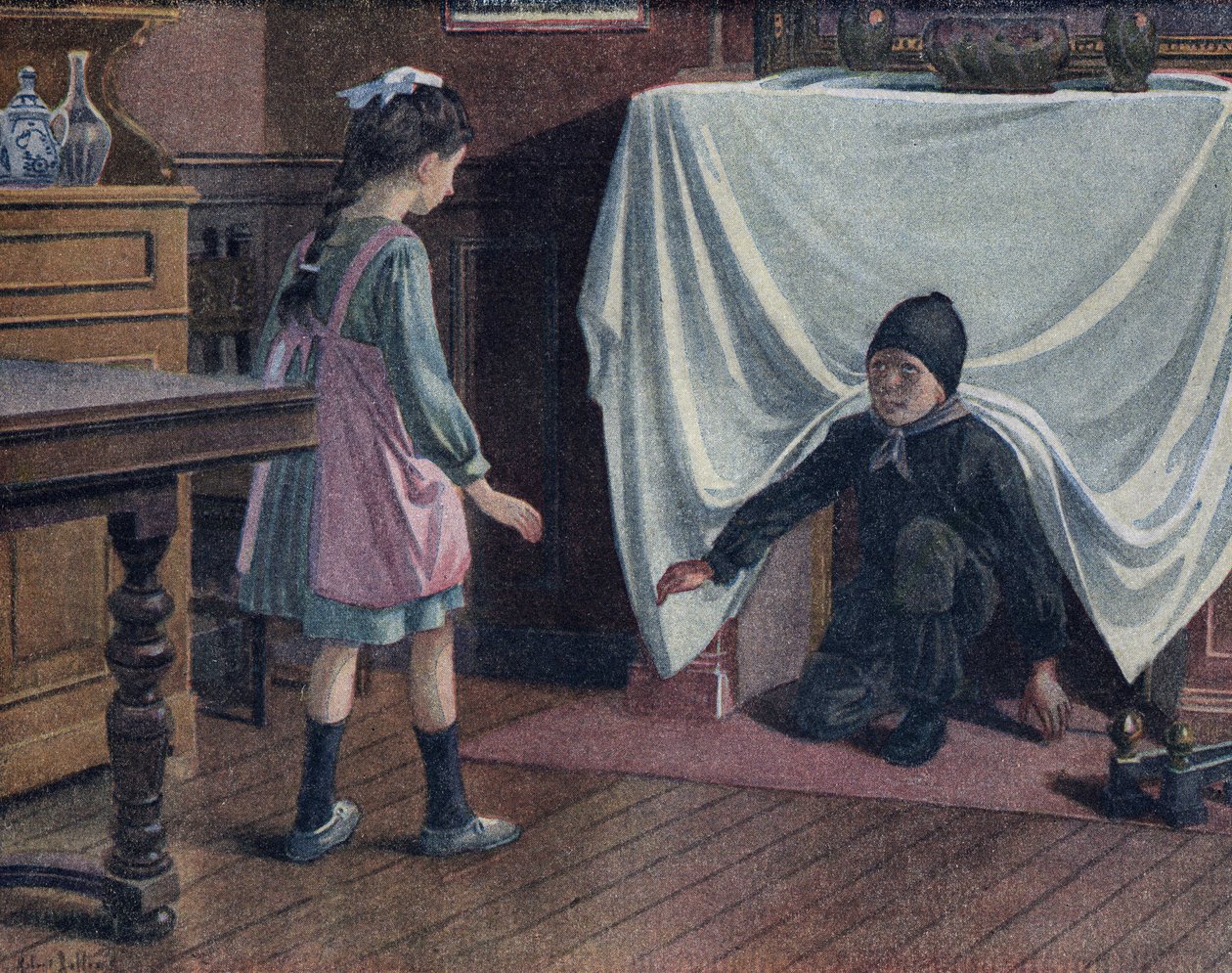 En ung skorstein dekket av sot etterlater skorsteinen dekket av et ark. Han skremmer en liten jente som tror han er djevelen. Illustrasjon av Robert Salles (1871-1929) i "" Je sais Lire"". av Robert Salles