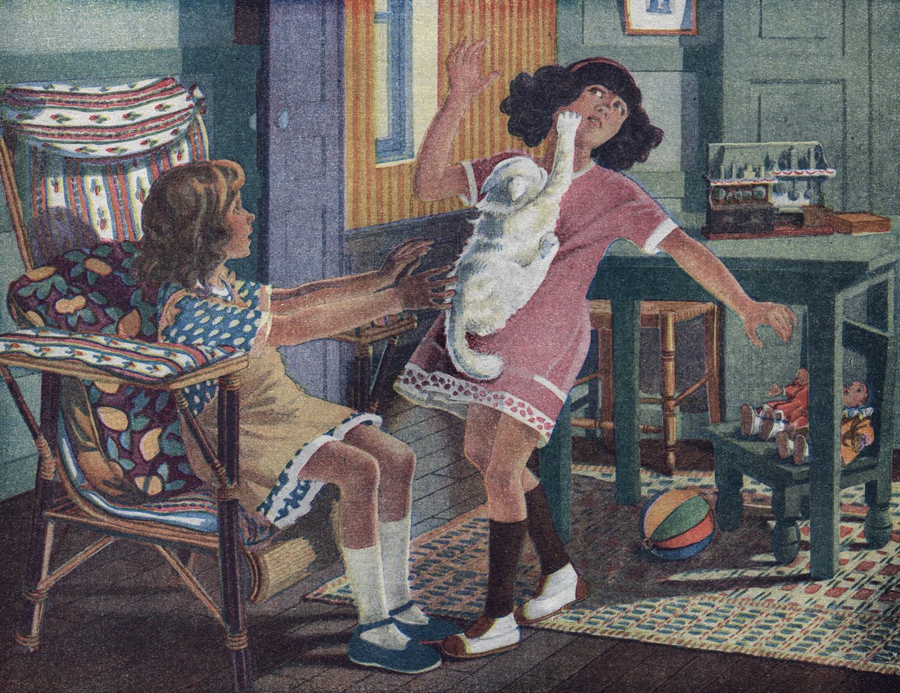 Annettes lille katt: en hvit katt klør ansiktet til en liten jente som leker med vennen sin. Illustrasjon av Robert Salles (1871-1929) i "" Je sais Lire"". av Robert Salles
