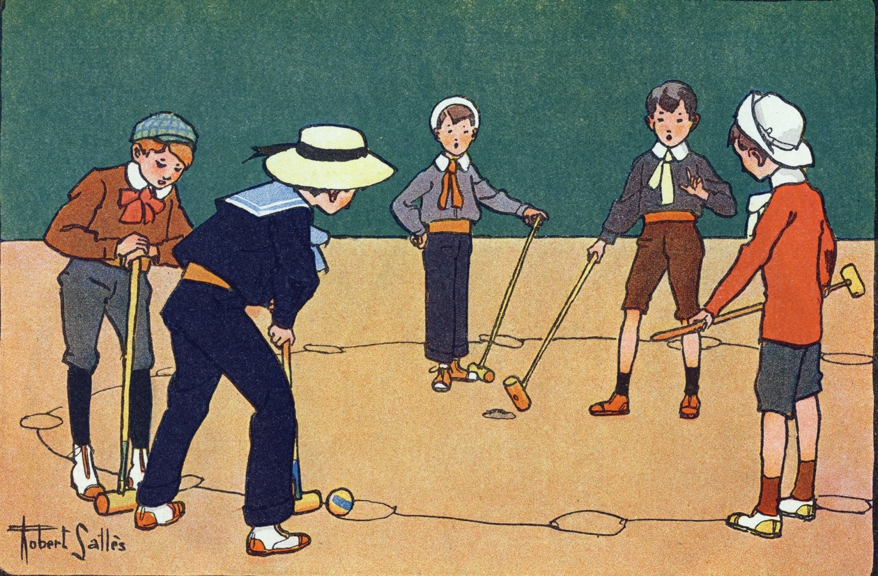 Ball for timer (ferdighetsspill med baller og klubber). Gravering i "" Hva spiller vi? “” av E. Weber med akvarelltegninger av Robert Salles (1871-1929). Librairie Garnier Freres, Paris av Robert Salles