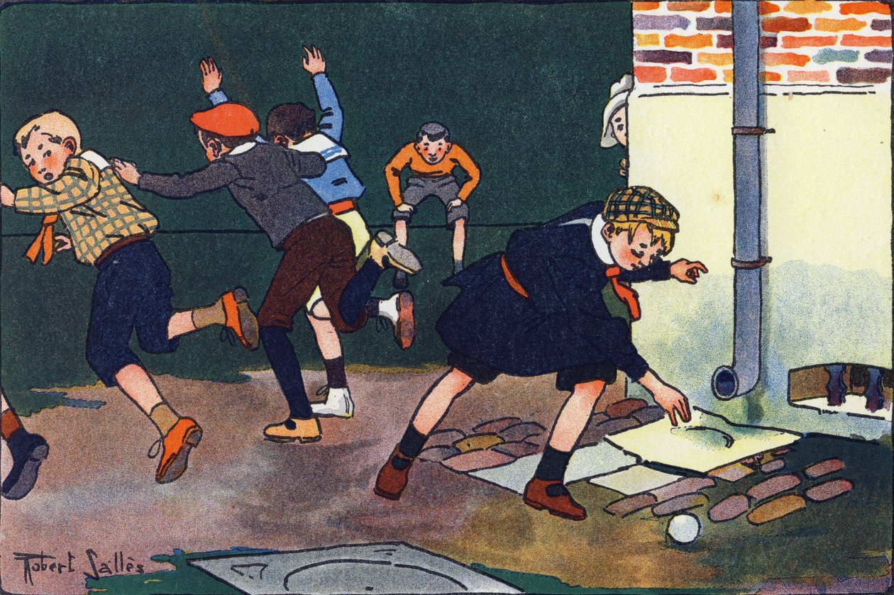 Kule mot veggen. Gravering i "" Hva spiller vi? “” av E. Weber med akvarelltegninger av Robert Salles (1871-1929). Librairie Garnier Freres, Paris av Robert Salles