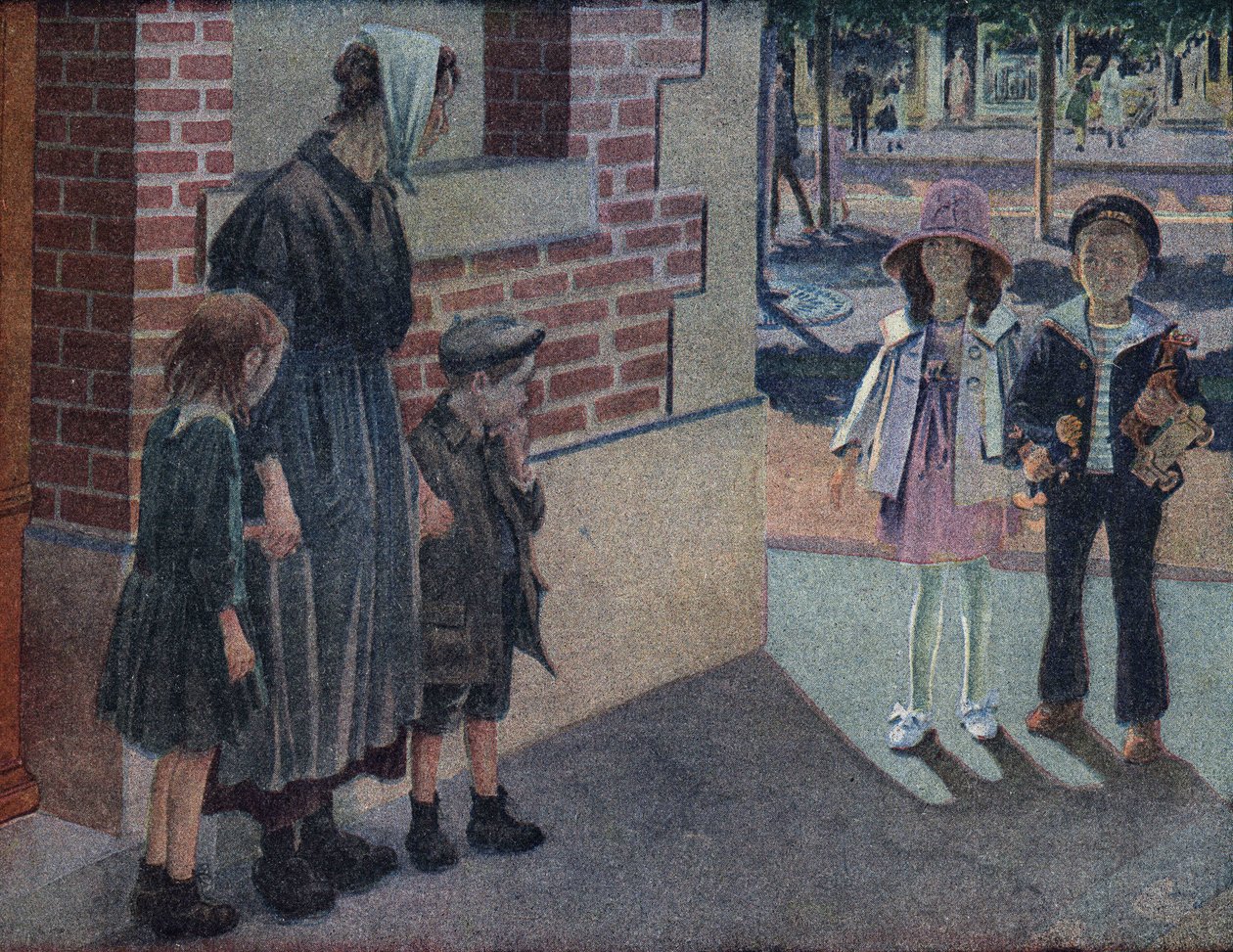 Veldedighet: en mor og hennes to barn ber om alumone fra en ung gutt og en ung jente på gaten som vil gi dem sparepengene og lekene deres. Illustrasjon av Robert Salles (1871-1929) i "" Je sais Lire"". av Robert Salles