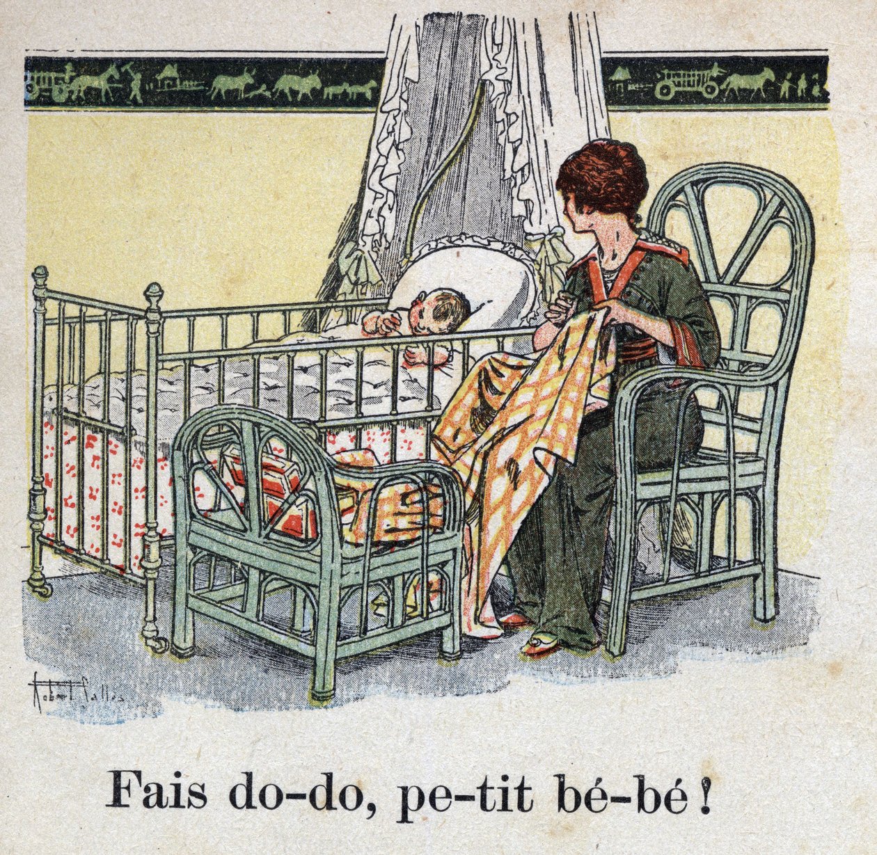 Barnebok "" Jeg skal lese - Metodisk og morsomt alfabet av en pappa""" 1926. Illustrasjon av Robert Salles (1871-1929). "" Sov, baby baby! "". En mor syr på barnets rom og venter på at babyen skal sove. av Robert Salles