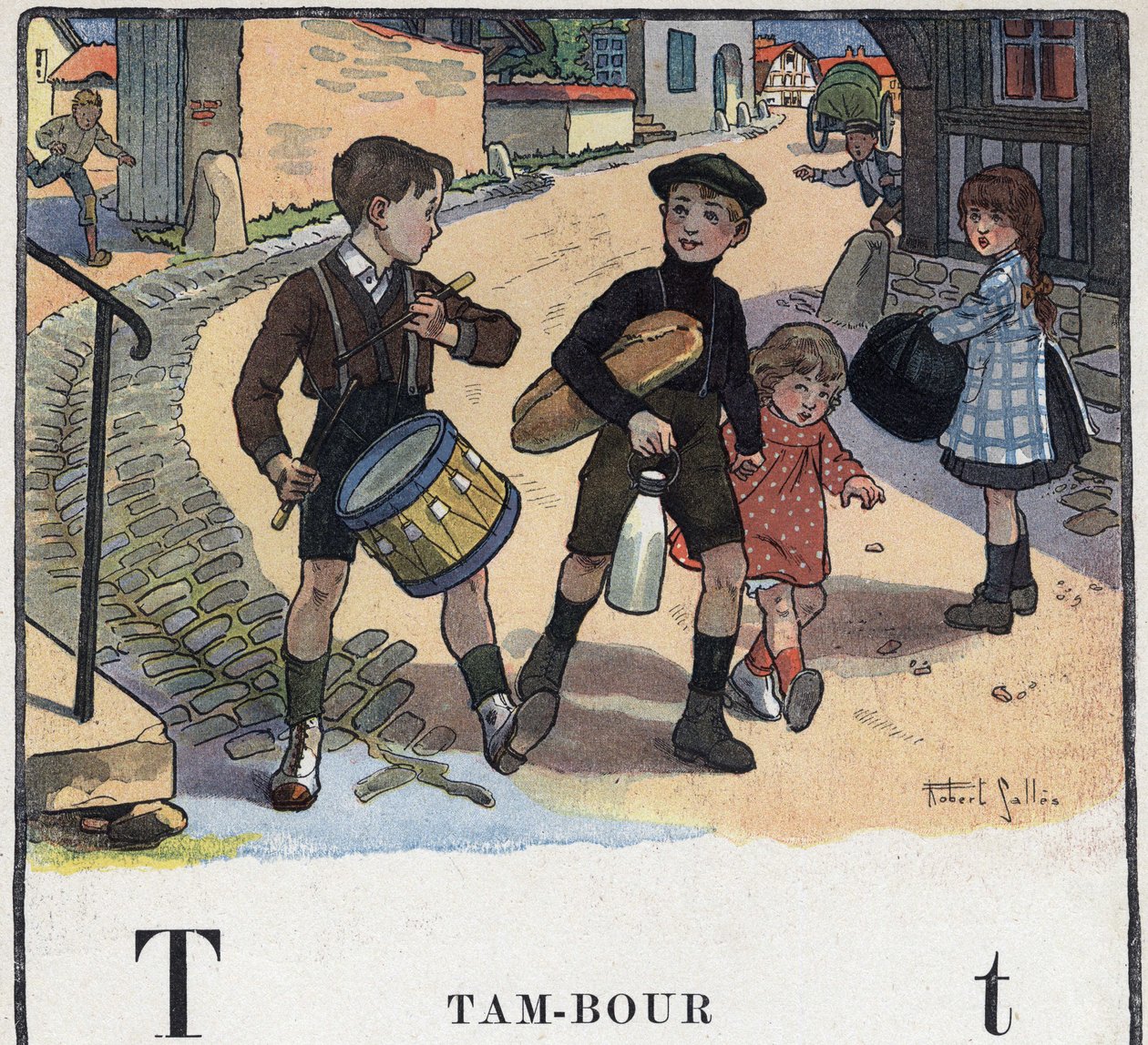 Barnebok "" Jeg skal lese - Metodisk og morsomt alfabet av en pappa""" 1926. Illustrasjon av Robert Salles (1871-1929). Abecedary: bokstaven T som tromme. av Robert Salles