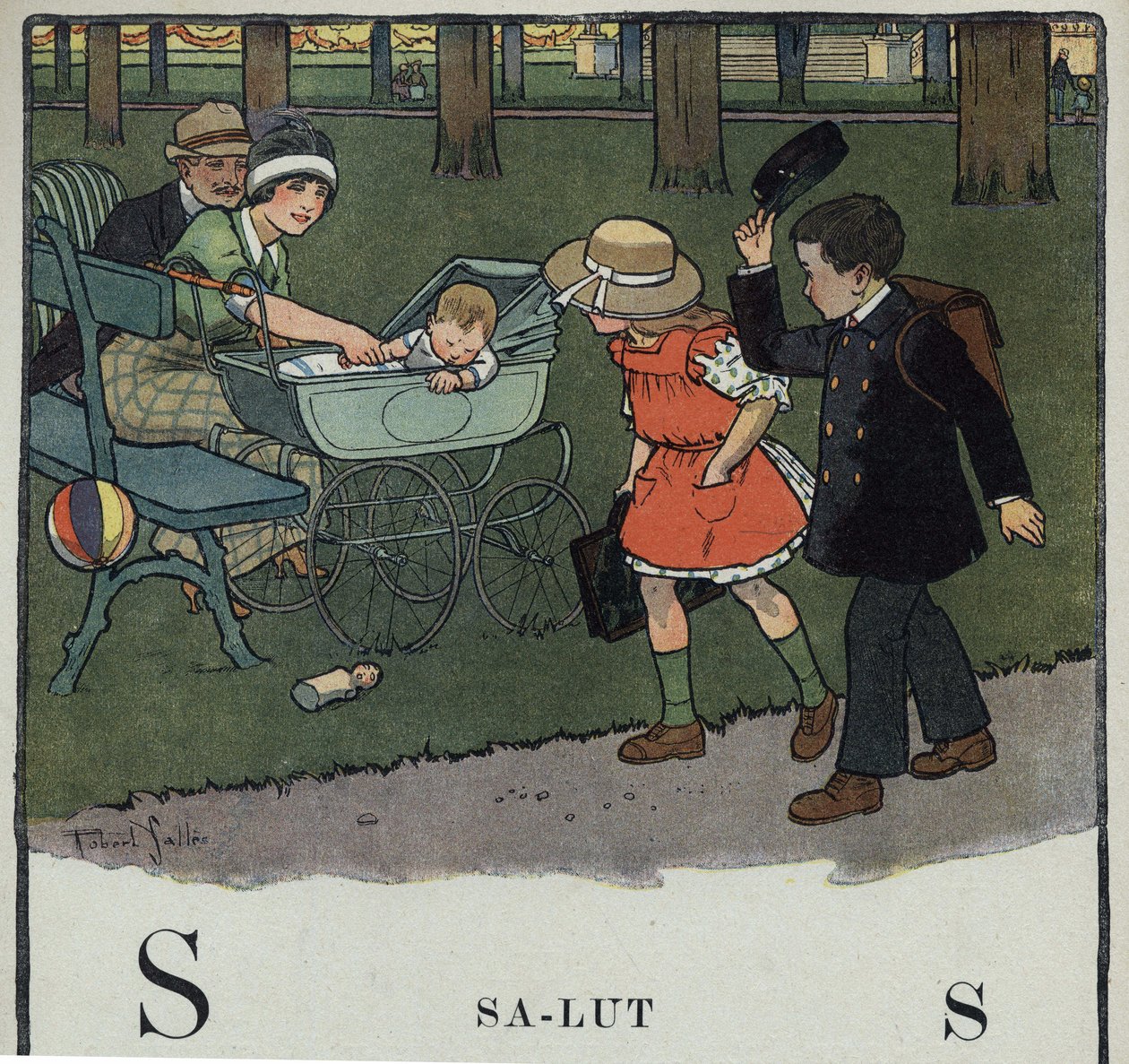 Barnebok "" Jeg skal lese - Metodisk og morsomt alfabet av en pappa""" 1926. Illustrasjon av Robert Salles (1871-1929). Abecedary: bokstav S som Salut. En gutt hilser på et par og babyen deres ved å løfte hetten. av Robert Salles
