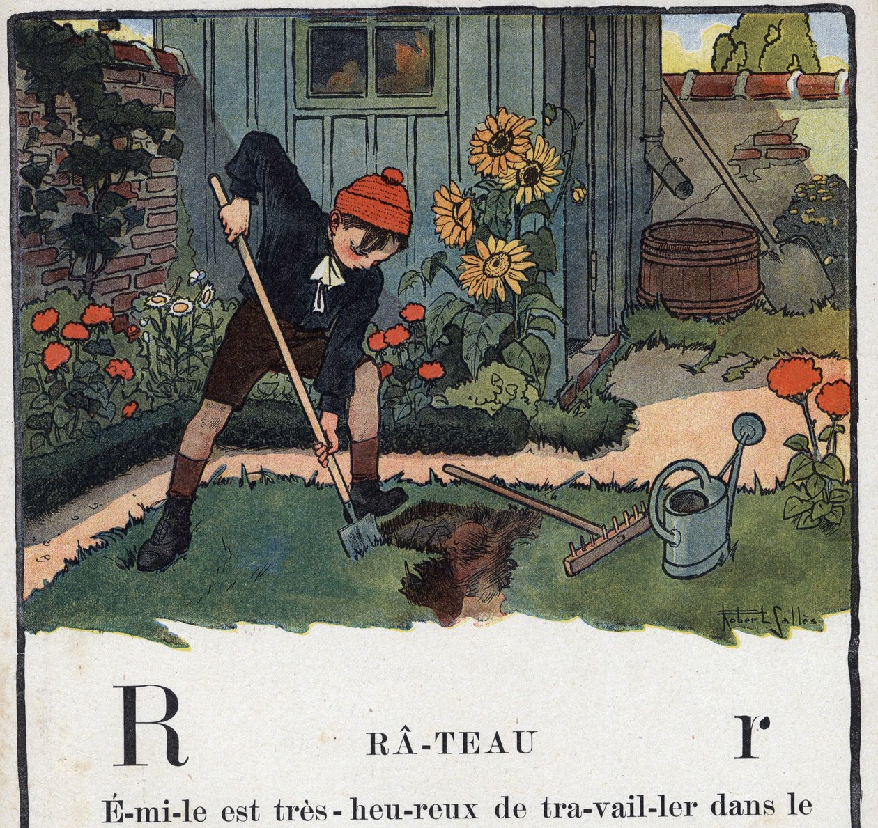 Barnebok "" Jeg skal lese - Metodisk og morsomt alfabet av en pappa""" 1926. Illustrasjon av Robert Salles (1871-1929). Abecedaire: bokstav R som Rake. En guttehage i hagen til huset hans. av Robert Salles