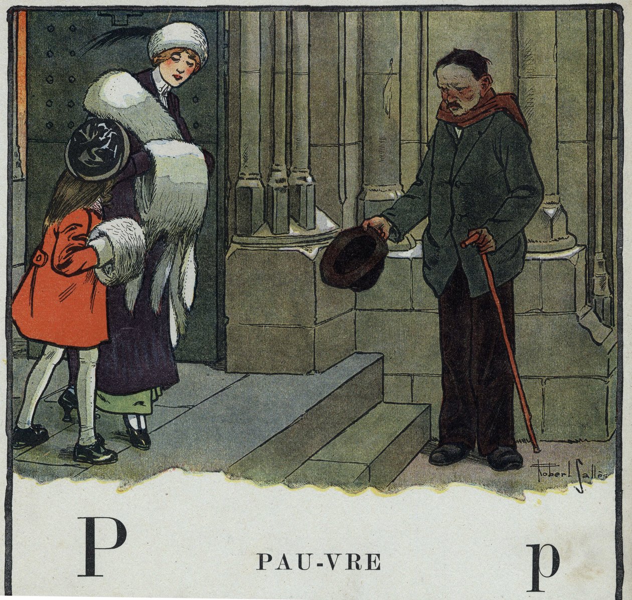 Barnebok "" Jeg skal lese - Metodisk og morsomt alfabet av en pappa""" 1926. Illustrasjon av Robert Salles (1871-1929). Abecedaire: bokstaven P som dårlig. En tigger gjør ermet utenfor kirken. av Robert Salles