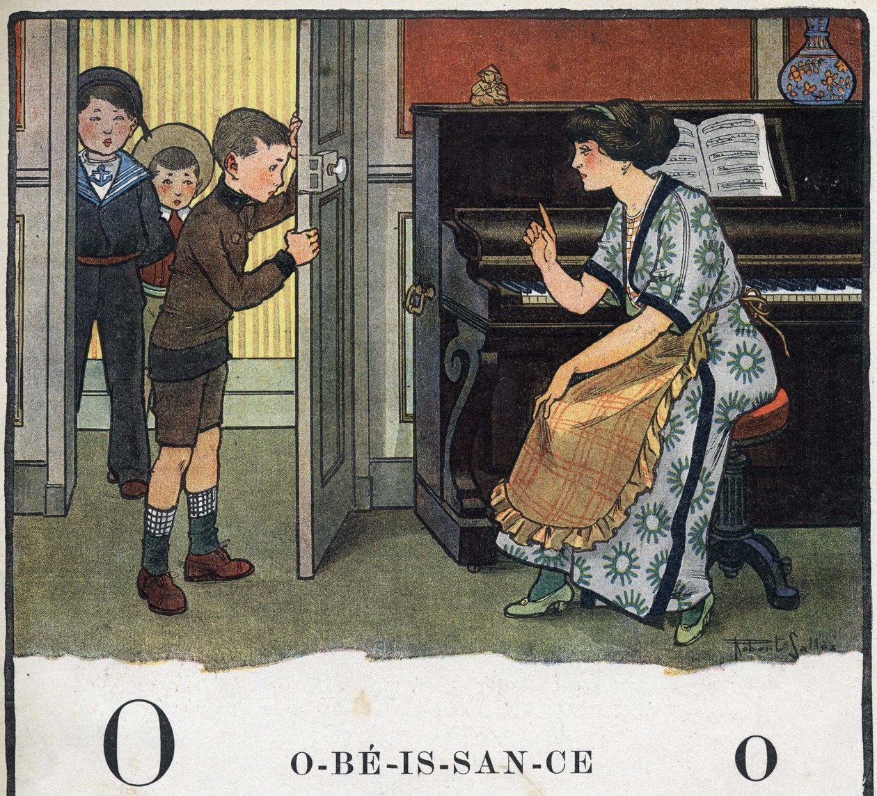 Barnebok "" Jeg skal lese - Metodisk og morsomt alfabet av en pappa""" 1926. Illustrasjon av Robert Salles (1871-1929). Abecedary: bokstav O som lydighet. En mor skjeller ut guttene sine. av Robert Salles
