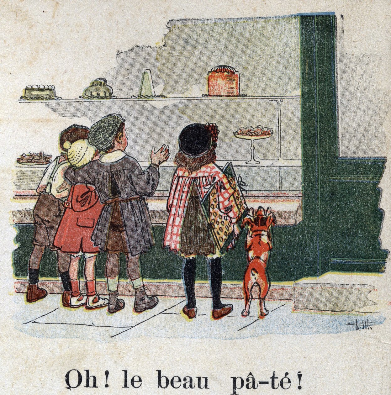 Barnebok "" Jeg skal lese - Metodisk og morsomt alfabet av en pappa""" 1926. Illustrasjon av Robert Salles (1871-1929). "Åh! Den fine deigen!» . Gourmetbarn stopper foran et bakerivindu. av Robert Salles