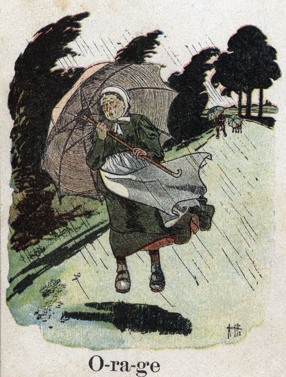Barnebok "" Jeg skal lese - Metodisk og morsomt alfabet av en pappa""" 1926. Illustrasjon av Robert Salles (1871-1929). "" Storm"": en kvinne i regnskjul med paraplyen sin. av Robert Salles