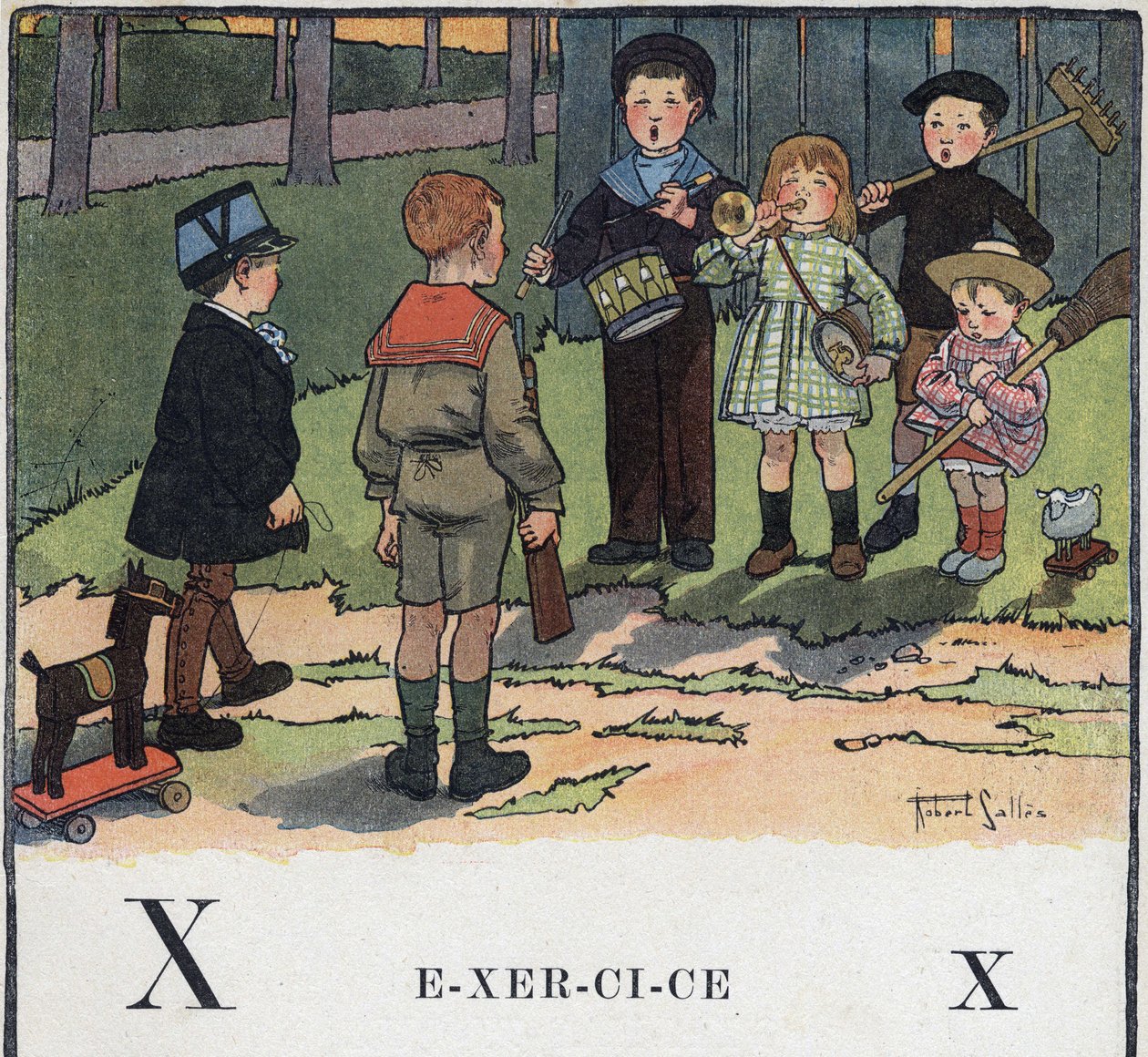 Barnebok "" Jeg skal lese - Metodisk og morsomt alfabet av en pappa""" 1926. Illustrasjon av Robert Salles (1871-1929). Abecedary: bokstav X som øvelse. Barn leker militært. av Robert Salles