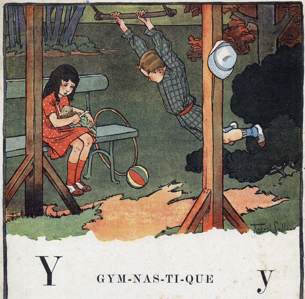 Barnebok "" Jeg skal lese - Metodisk og morsomt alfabet av en pappa""" 1926. Illustrasjon av Robert Salles (1871-1929). Abecedary: bokstav Y som Gymnastikk. En gutt trapes mens en jente leker en dukke. av Robert Salles