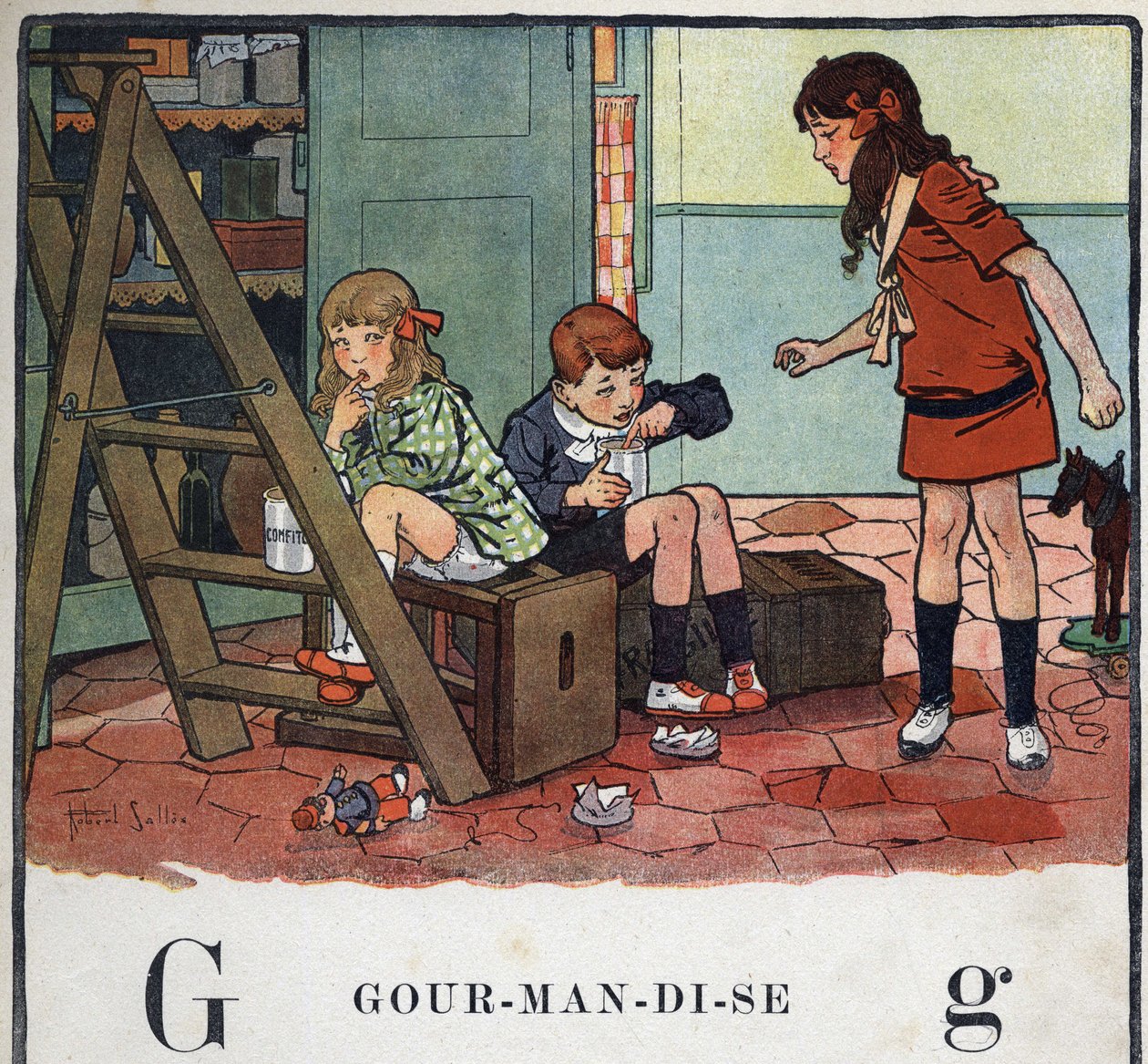 Barnebok "" Jeg skal lese - Metodisk og morsomt alfabet av en pappa""" 1926. Illustrasjon av Robert Salles (1871-1929). Abecedary: bokstav G som Gourmandise. Jente og gutter spiser kandisert frukt i hemmelighet. av Robert Salles