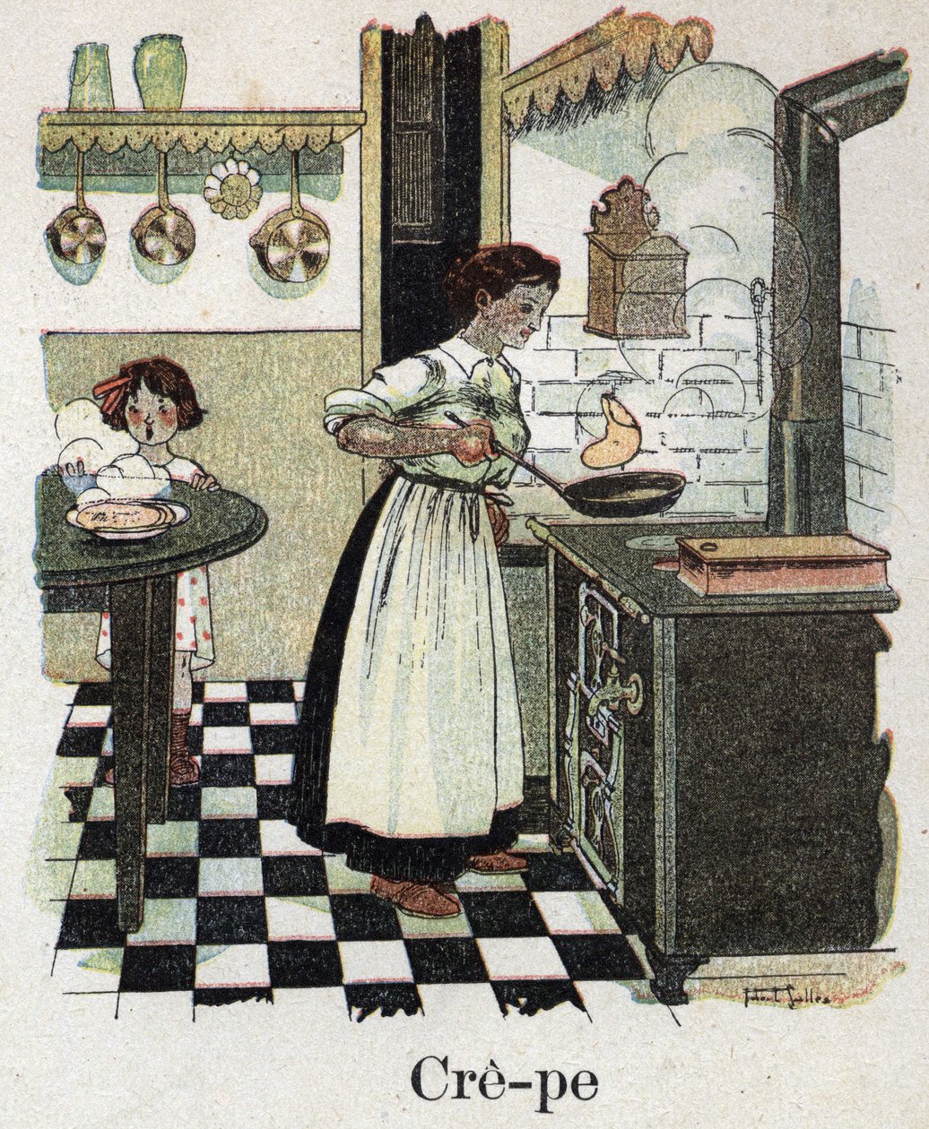 Barnebok "" Jeg skal lese - Metodisk og morsomt alfabet av en pappa""" 1926. Illustrasjon av Robert Salles (1871-1929). Mor blåser pannekakene i pannen. av Robert Salles