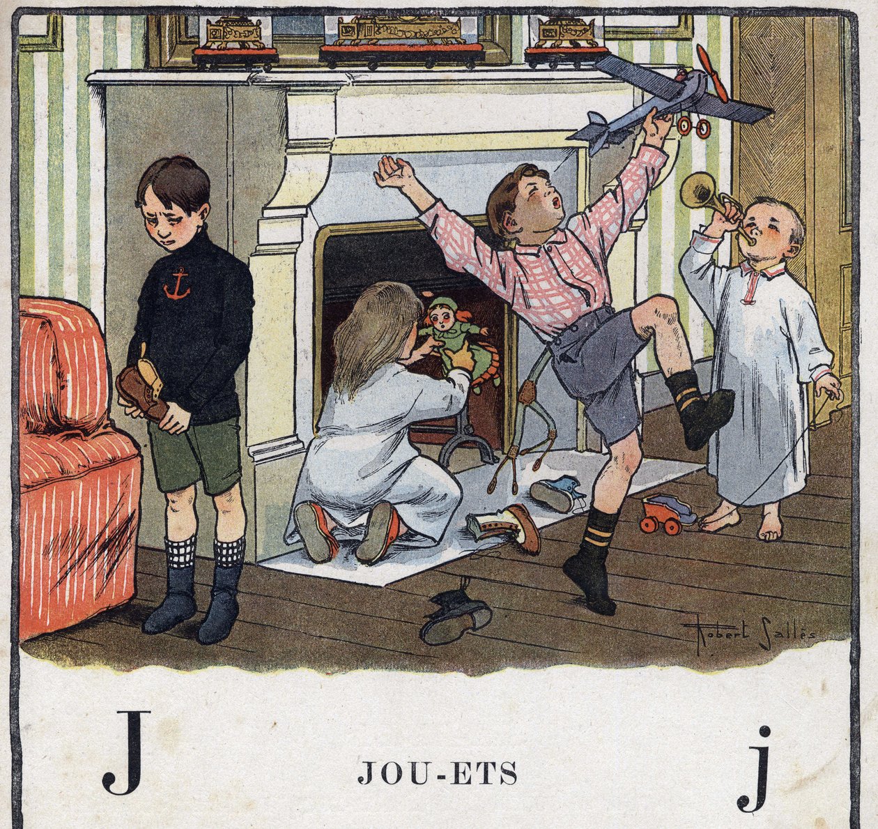 Barnebok "" Jeg skal lese - Metodisk og morsomt alfabet av en pappa""" 1926. Illustrasjon av Robert Salles (1871-1929). Abecedaire: bokstav J som leker. Barn har fått leker i skoene og har det gøy med dem. Et av barna fikk ikke gave i hei av Robert Salles