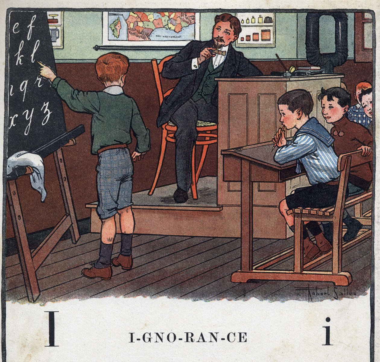Barnebok "" Jeg skal lese - Metodisk og morsomt alfabet av en pappa""" 1926. Illustrasjon av Robert Salles (1871-1929). Abecedary: bokstav I som uvitenhet. En gutt resiterer alfabetet på tavlen. av Robert Salles