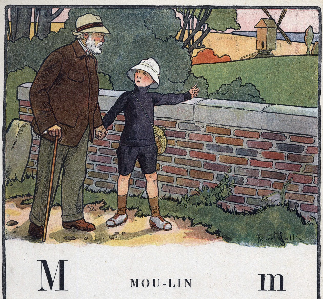 Barnebok "" Jeg skal lese - Metodisk og morsomt alfabet av en pappa""" 1926. Illustrasjon av Robert Salles (1871-1929). Abecedaire: bokstav M som Moulin. En gutt går med bestefaren sin. Han peker på en vindmølle. av Robert Salles
