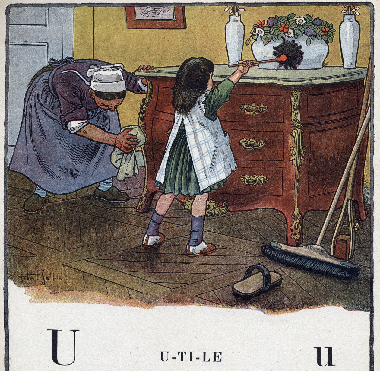 Barnebok "" Jeg skal lese - Metodisk og morsomt alfabet av en pappa""" 1926. Illustrasjon av Robert Salles (1871-1929). Abecedary: bokstaven U som nyttig. En jente hjelper til med rengjøring og støv. av Robert Salles