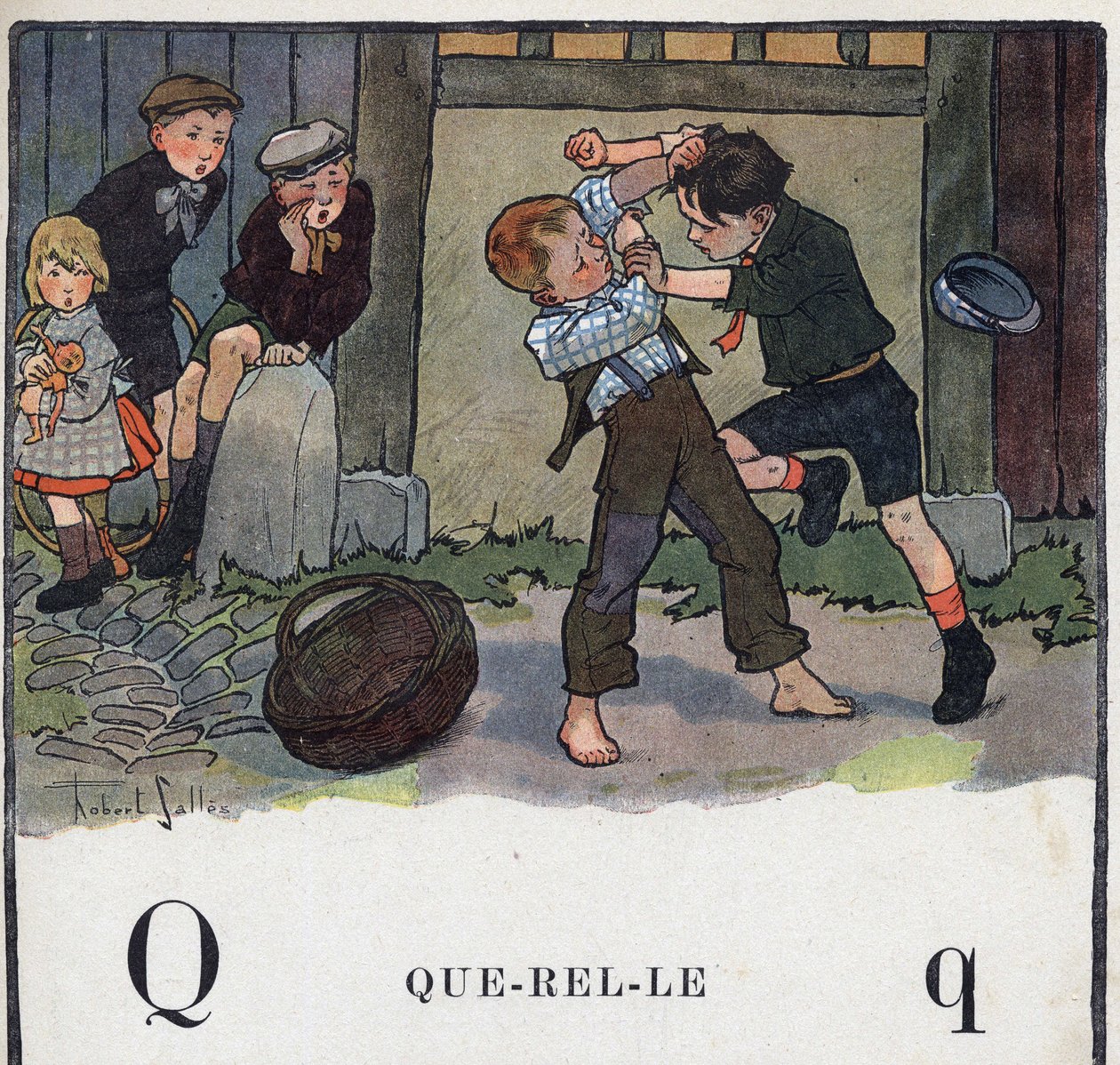 Barnebok "" Jeg skal lese - Metodisk og morsomt alfabet av en pappa""" 1926. Illustrasjon av Robert Salles (1871-1929). Abecedaire: bokstav Q som Querelle. To gutter slåss i gården. av Robert Salles