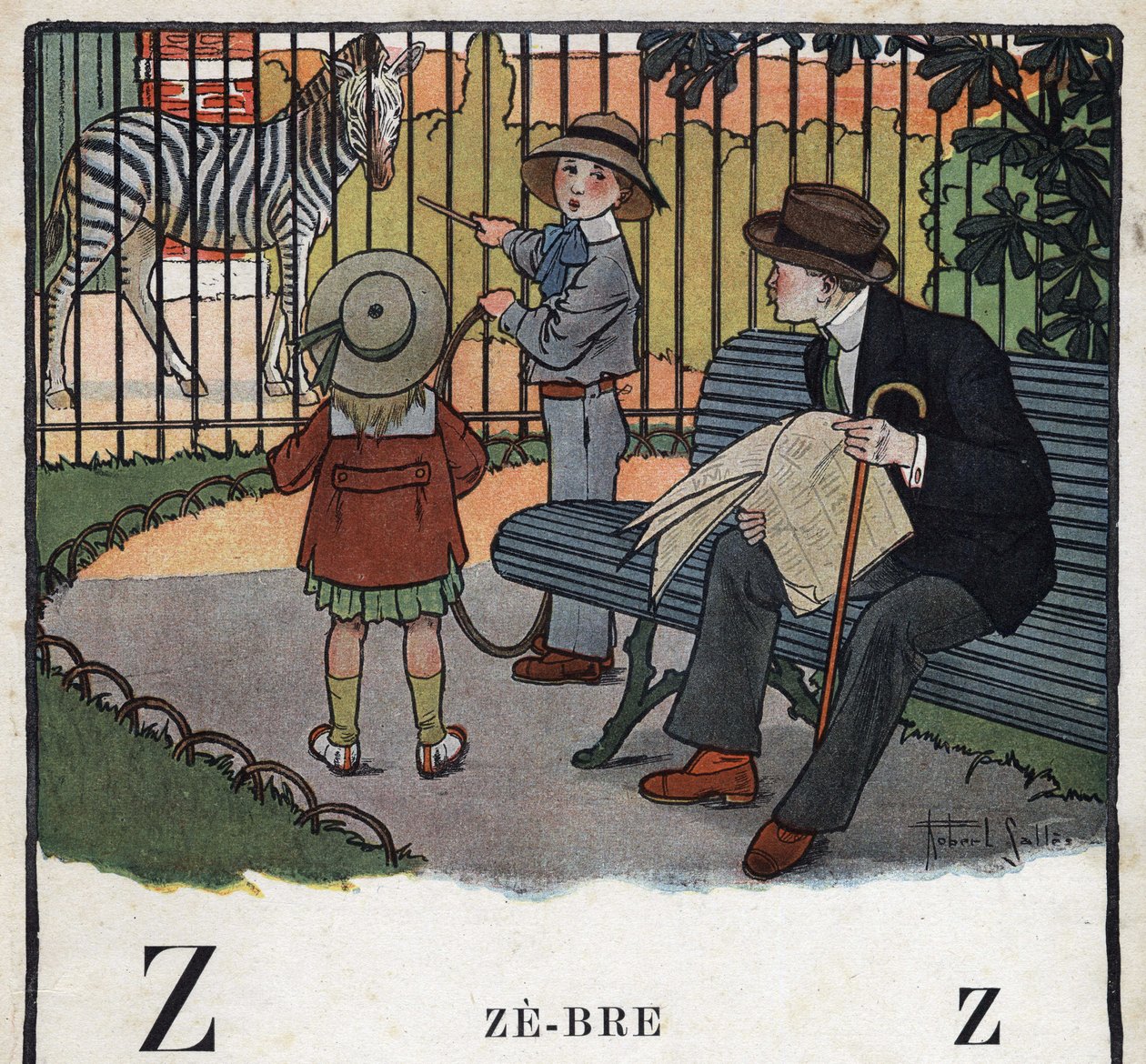 Barnebok "" Jeg skal lese - Metodisk og morsomt alfabet av en pappa""" 1926. Illustrasjon av Robert Salles (1871-1929). Abecedaire: bokstav Z som Zebre. Barn, med en bøyle, ser på en sebra i en dyrehage. av Robert Salles