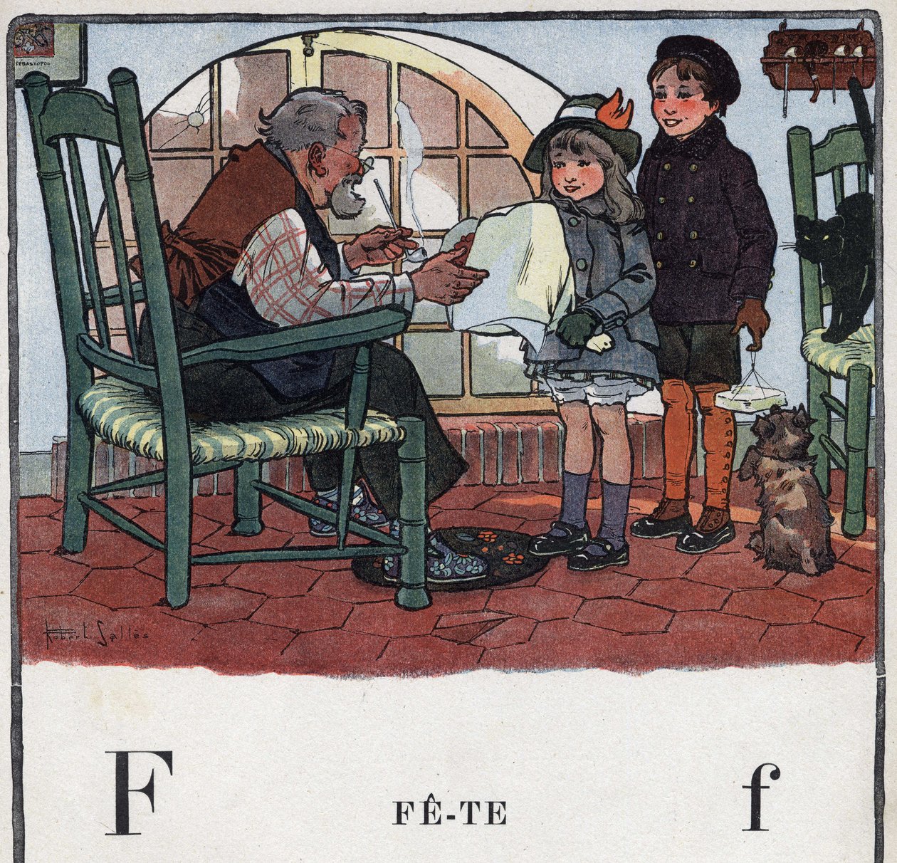 Barnebok "" Jeg skal lese - Metodisk og morsomt alfabet av en pappa""" 1926. Illustrasjon av Robert Salles (1871-1929). Abecedaire: bokstav F som fete. En jente og en gutt byr på gaver til bestefarens fest. av Robert Salles