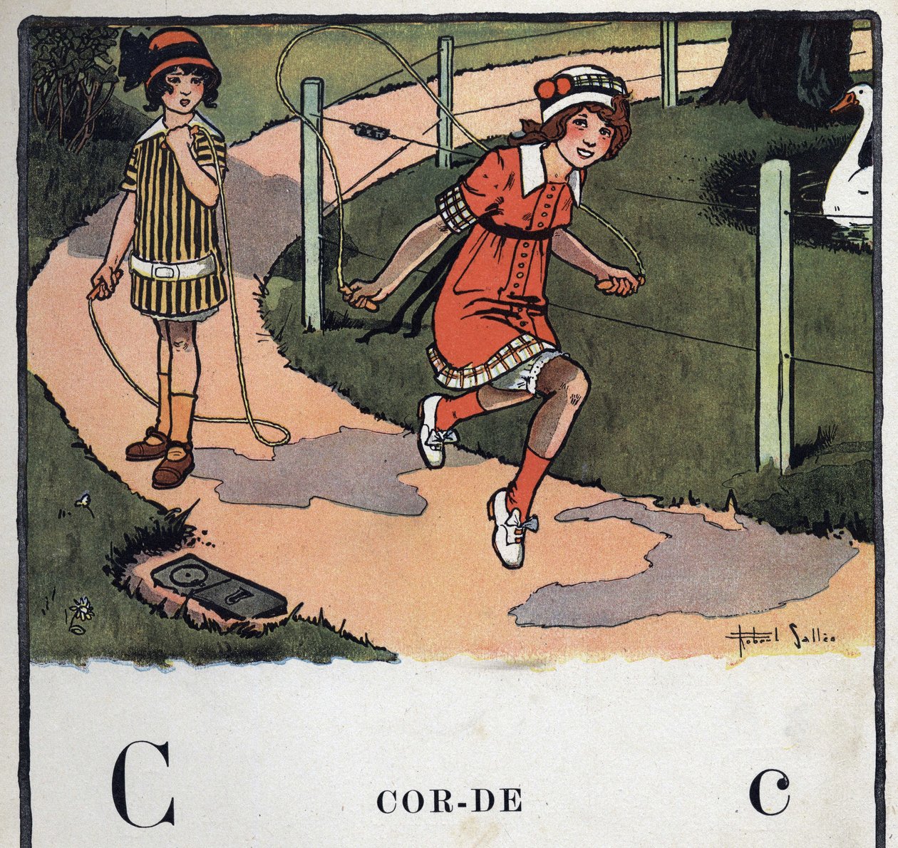 Barnebok "" Jeg skal lese - Metodisk og morsomt alfabet av en pappa""" 1926. Illustrasjon av Robert Salles (1871-1929). Abecedary: bokstav C som tau. To jenter leker med å hoppe tau. av Robert Salles