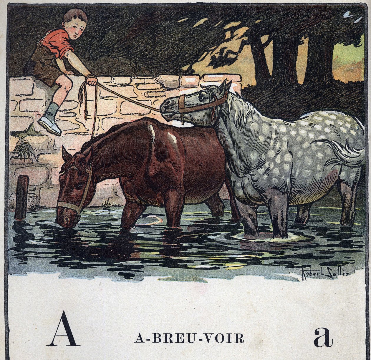 Barnebok "" Jeg skal lese - Metodisk og morsomt alfabet av en pappa""" 1926. Illustrasjon av Robert Salles (1871-1929). Abecedary: bokstav A som drikkevann. To hester drikker vann. av Robert Salles