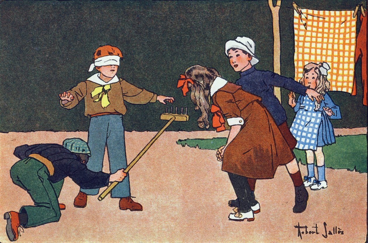 Colin maillard (colin-maillard). Gravering i "" Hva spiller vi? “” av E. Weber med akvarelltegninger av Robert Salles (1871-1929). Librairie Garnier Freres, Paris av Robert Salles