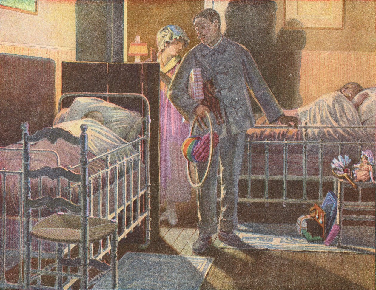 Foreldre som stille leverer julegaver til sine sovende barn (fargelitografi) av Robert Salles
