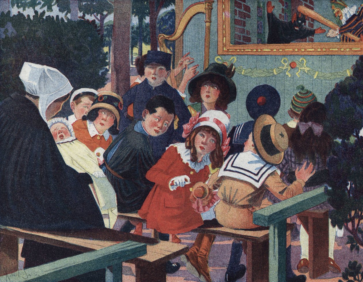 Dukketeater: Barn i guignol-teateret blir forvirret av en gråtende baby. Illustrasjon av Robert Salles (1871-1929) i "" Je sais Lire"". av Robert Salles
