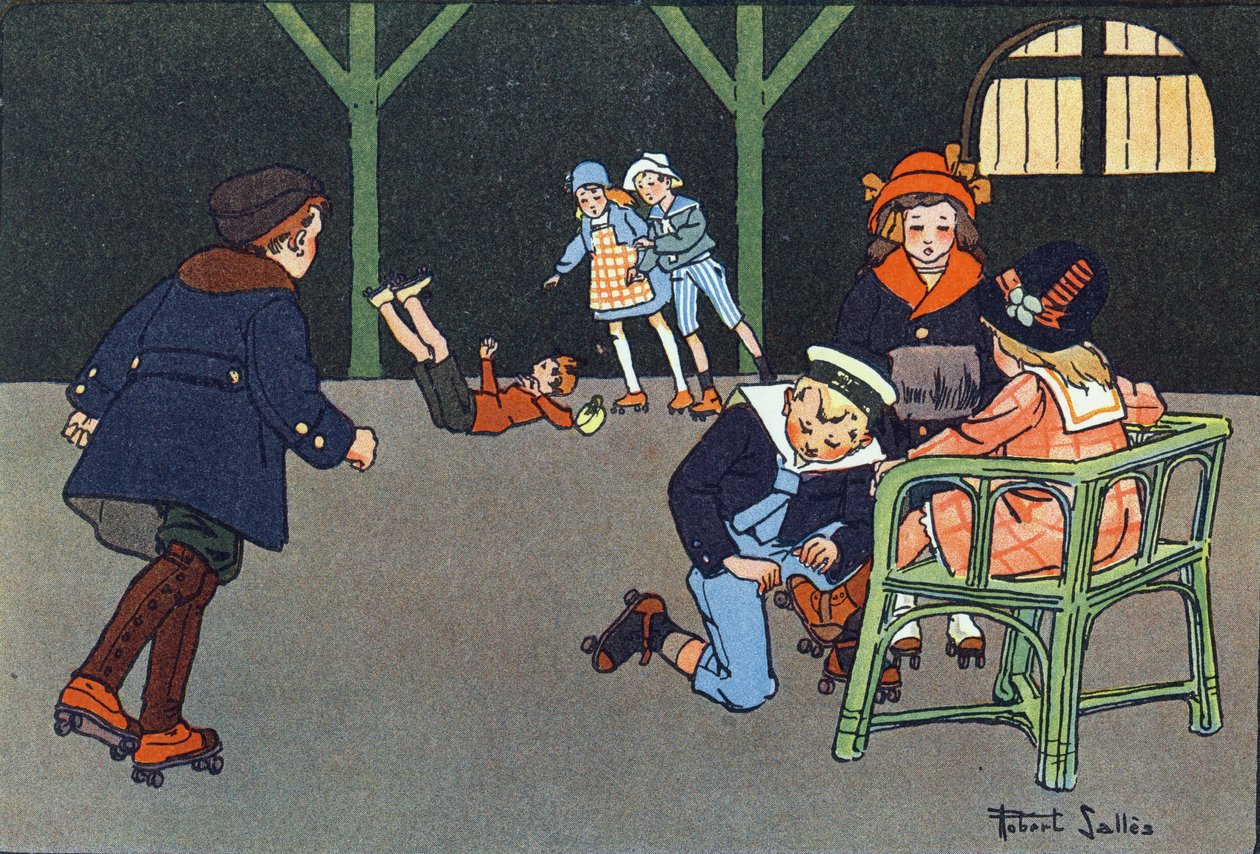 Rulleskøyting. Gravering i "" Hva spiller vi? “” av E. Weber med akvarelltegninger av Robert Salles (1871-1929). Librairie Garnier Freres, Paris av Robert Salles