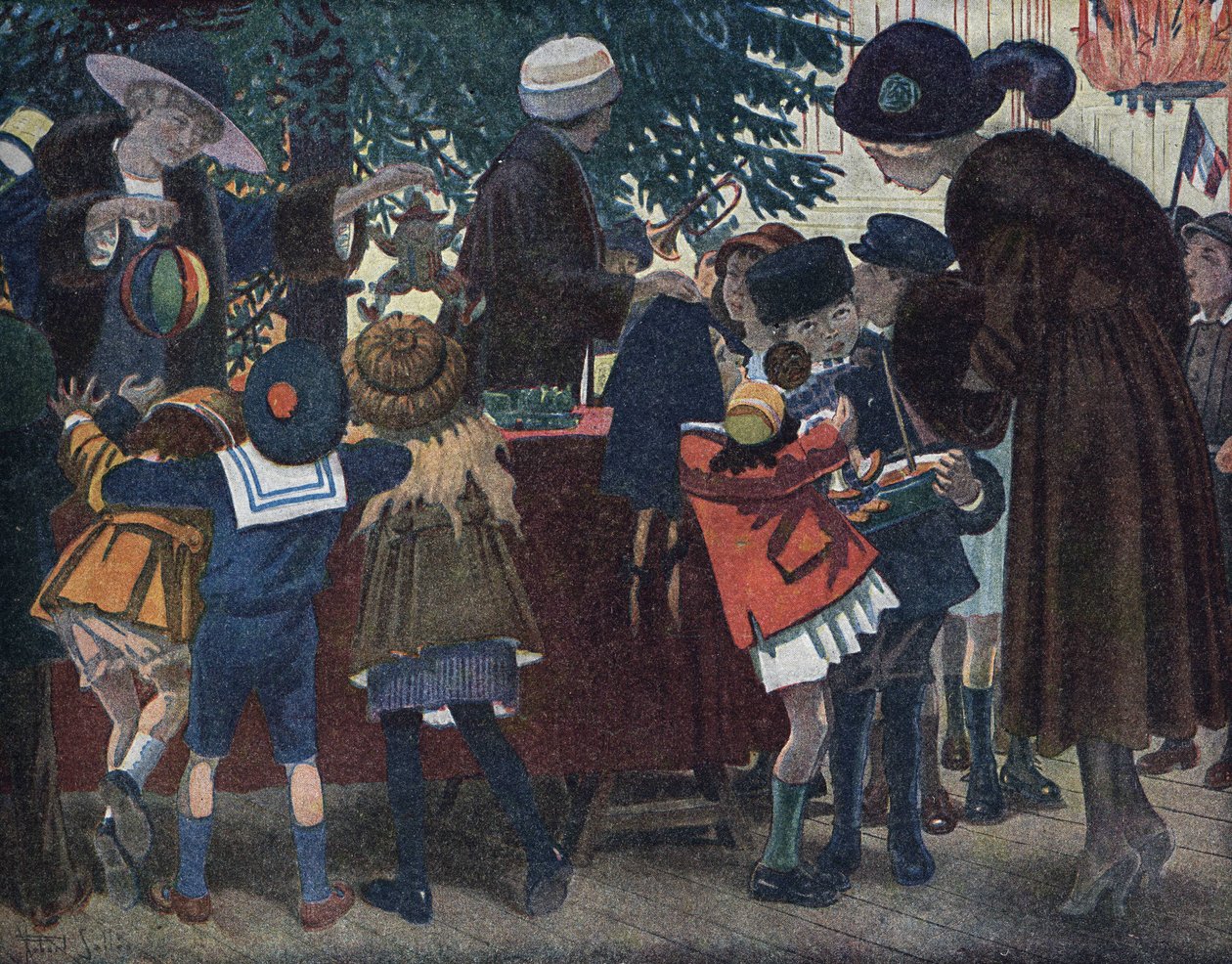 Juletreet til Lorraine Alsace: barn fra Alsace og Lorraine (Alsace-Lorraine) kommer for å hente gavene sine rundt juletreet som tilbys byen. Illustrasjon av Robert Salles (1871-1929) i "" Je sais Lire"". av Robert Salles