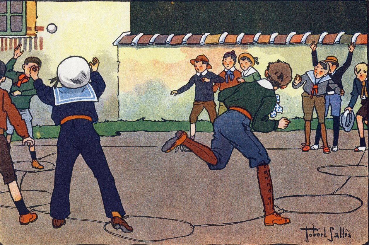 Ballen på leiren (eller fangeball eller jegerball). Gravering i "" Hva spiller vi? “” av E. Weber med akvarelltegninger av Robert Salles (1871-1929). Librairie Garnier Freres, Paris av Robert Salles