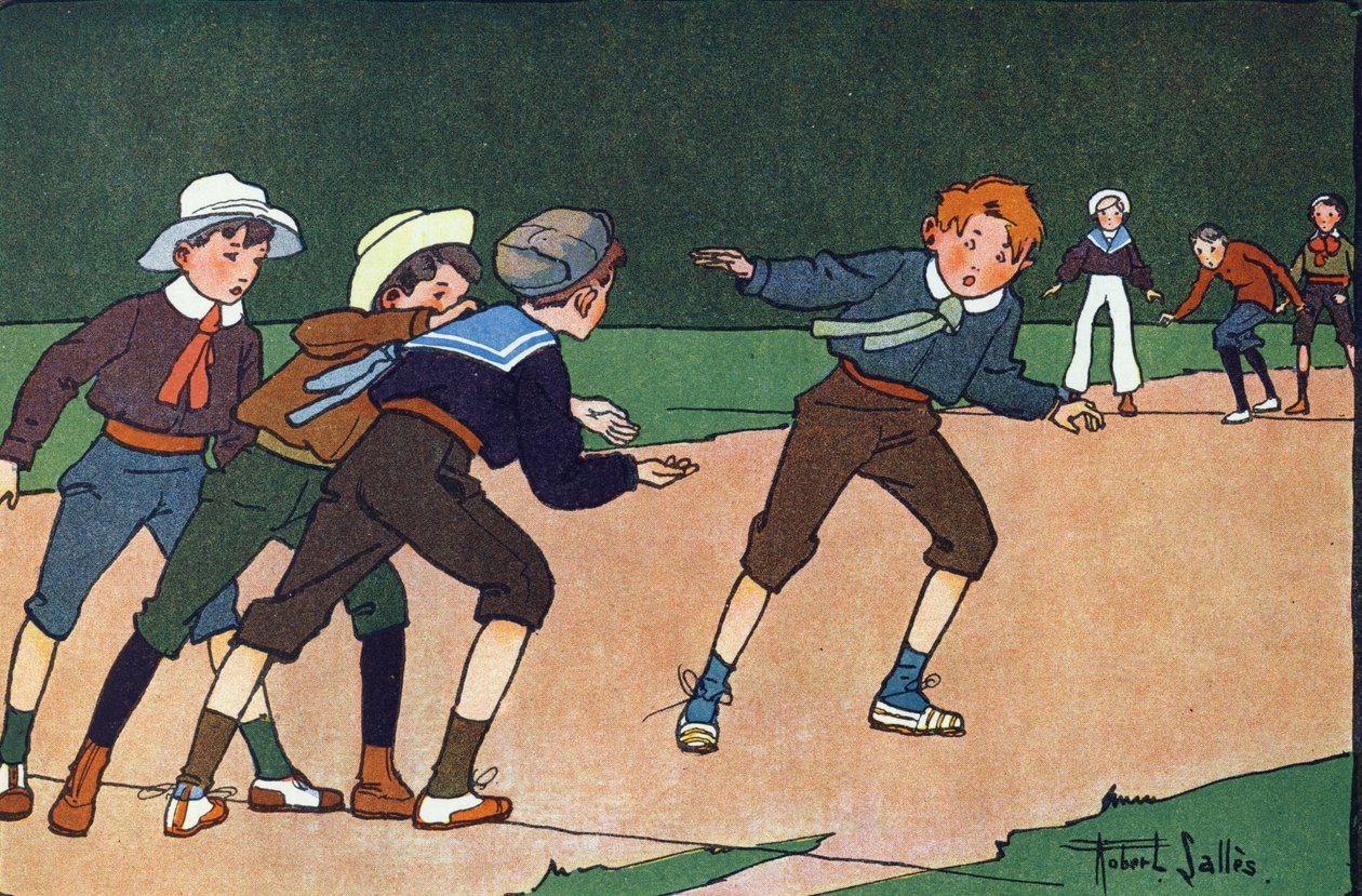 Barene (lagspill, der man diskret må gå til motstanderens leir, symboliserer ved en linje på bakken for å gjøre fanger). Gravering i "" Hva spiller vi? “” av E. Weber med akvarelltegninger av Robert Salles (1871-1929). Librairie Garnier av Robert Salles
