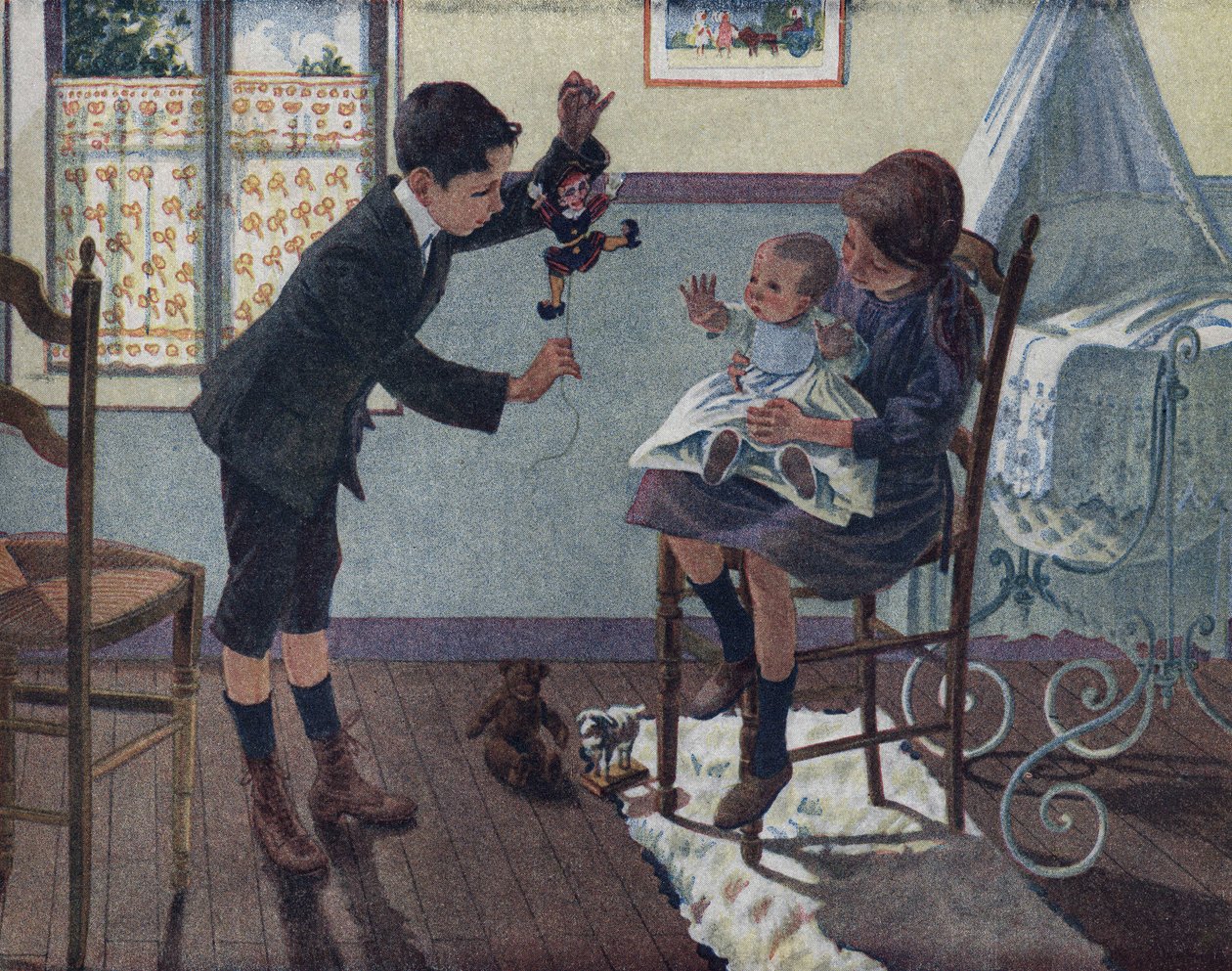 Utdannelsen til lillebroren: på et rom ser en baby som sitter på storesøsters fang på dukken broren våkner. Illustrasjon av Robert Salles (1871-1929) i "" Je sais Lire"". av Robert Salles