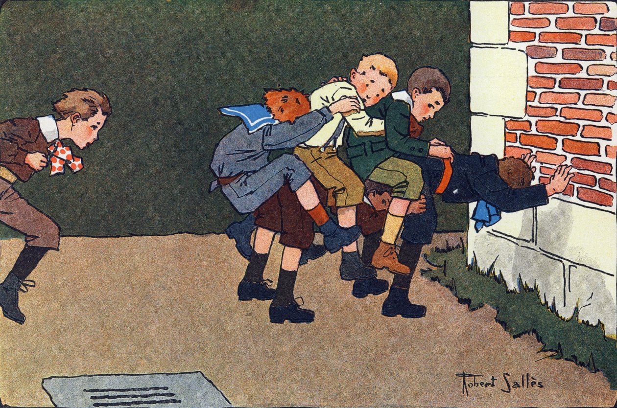 Hesten smeltet (når du hopper, må du hoppe en caliphurchon på ryggen til et annet barn, uten å banke de andre). Gravering i "" Hva spiller vi? “” av E. Weber med akvarelltegninger av Robert Salles (1871-1929). Librairie Garnier Frere av Robert Salles