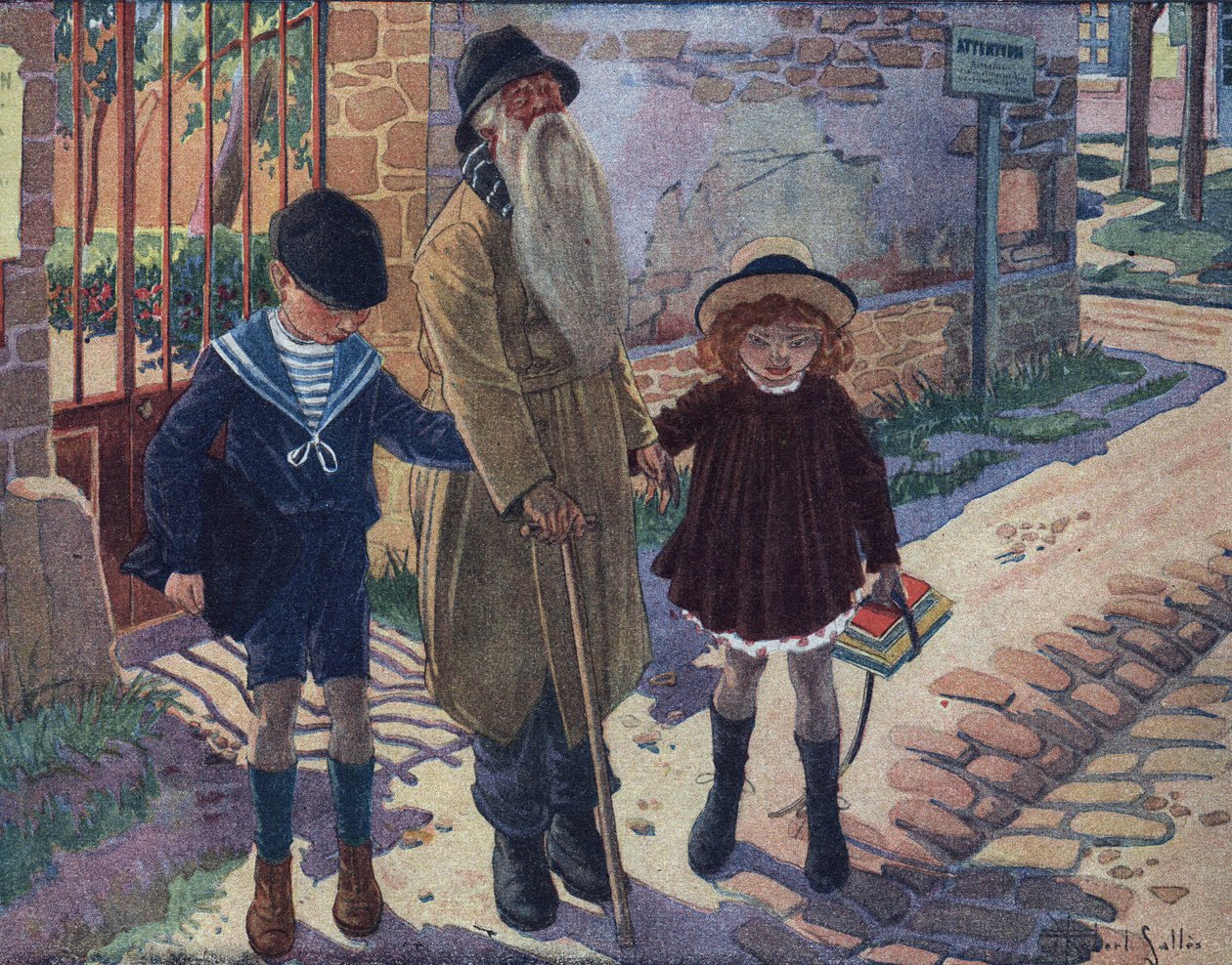 The stick of the blind: two children help a blind old man walk. Illustration by Robert Salles (1871-1929) in “” Je sais Lire””. av Robert Salles