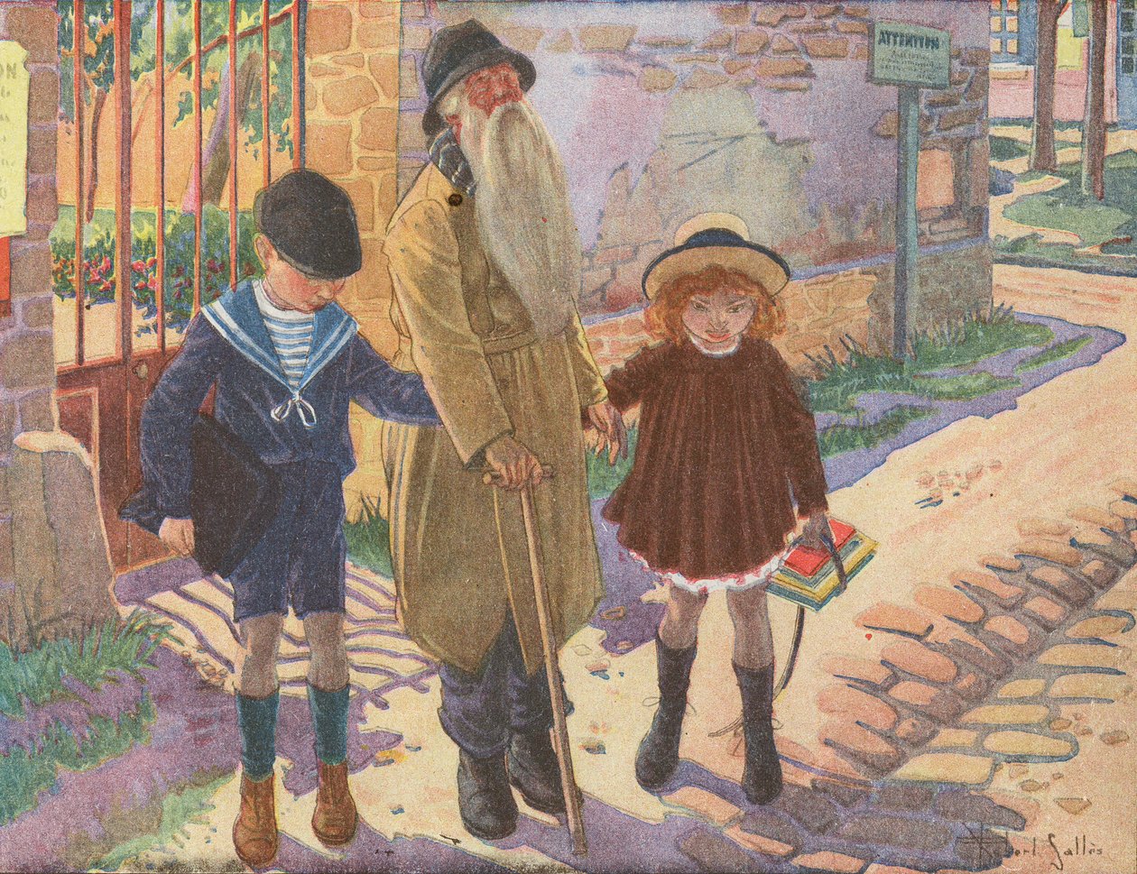 To barn som hjelper en gammel blind mann etter at han mistet stokken sin (fargelitografi) av Robert Salles