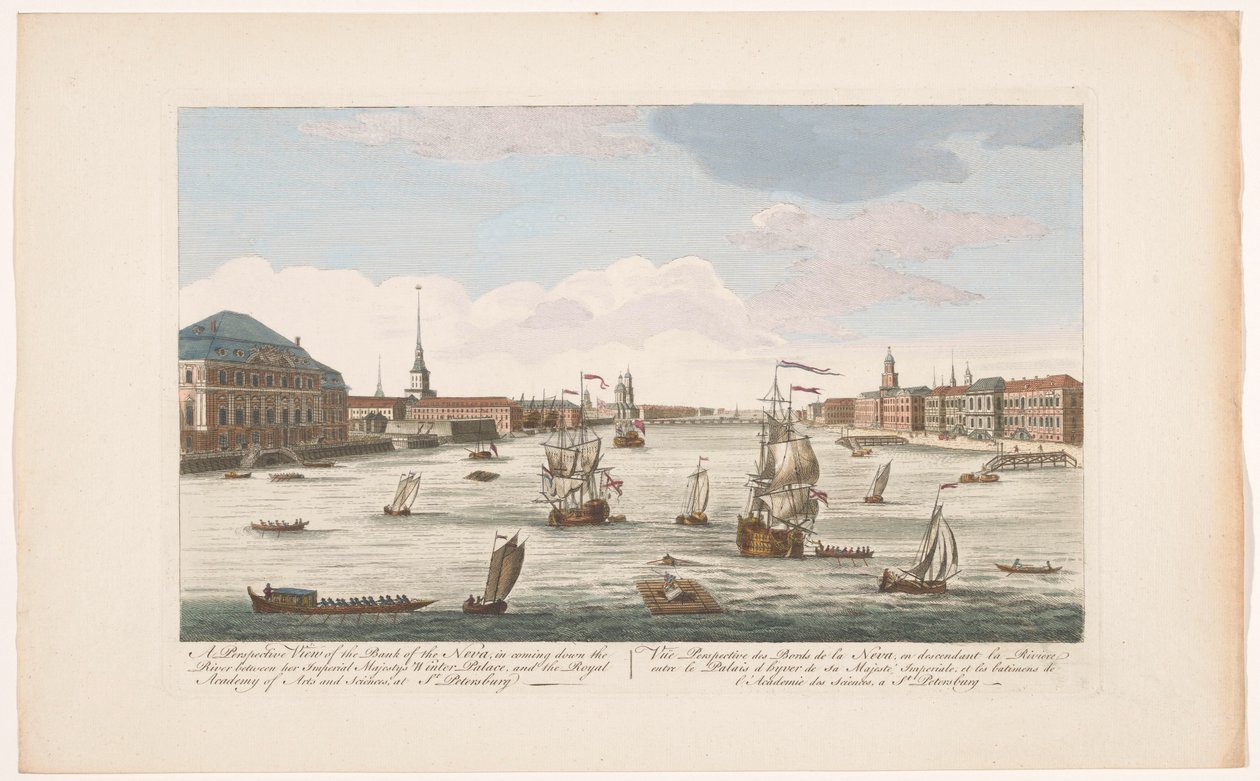 Utsikt over elven Neva i St. Petersburg, sett nedstrøms Et perspektivbilde av bredden av Neva, når du kommer nedover elven (...) (tittel på objekt) av Robert Sayer (possibly)