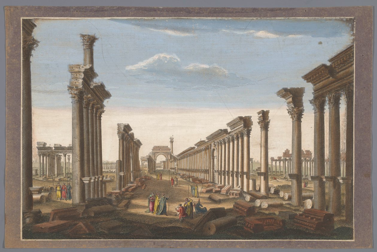 Utsikt over ruinene av søylegangbuen ved Palmyra, sett fra vestsiden Restene av det store tempelet i Palmira sett fra vest (tittel på objekt) av Robert Sayer (possibly)
