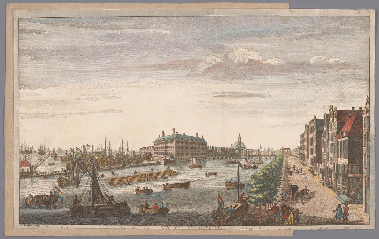Oversikt over Admiraliteitsmagazijn i Amsterdam En utsikt over admiralitetet i Amsterdam, av butikkhusene, bryggene og bryggene, som tilhører det, og til East India Company of Holland (tittel på objekt) av Robert Sayer (possibly)