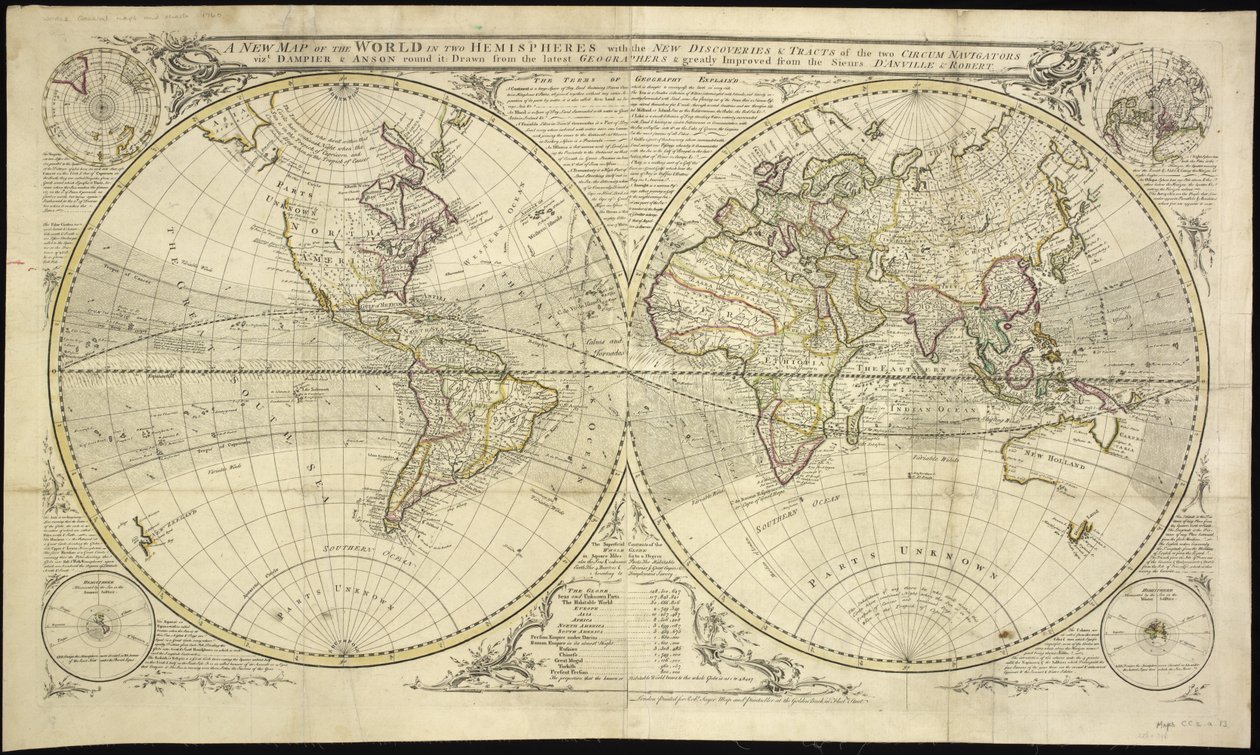 Et nytt kart over verden i to halvkuler med de nye oppdagelsene og traktene til de to Circum Navigators, nemlig Dampier & Anson rundt det: Tegnet fra de nyeste geografene og sterkt forbedret fra Sieurs D