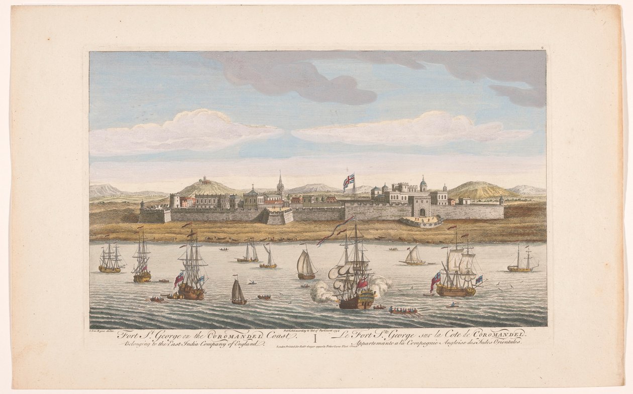 Utsikt over Fort Saint George i Madras Fort St George på Coromandel Coast. Tilhører East India Company of England (tittel på objekt) Oppgjør av VOC (serietittel) av Robert Sayer