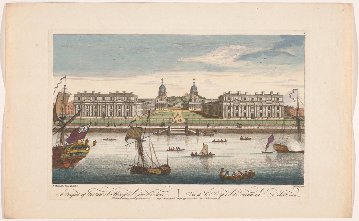 Utsikt over Greenwich Hospital ved Themsen ved Greenwich Et prospekt av Greenwich Hospital fra elven (tittel på objekt) London (serietittel) av Robert Sayer