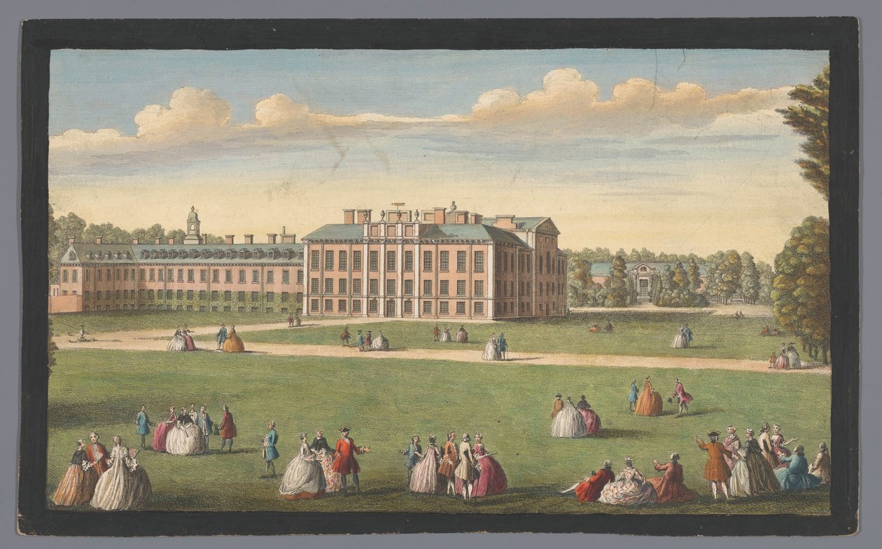 Utsikt over Kensington Palace i London Et frontbilde av Royal Palace of Kensington (tittel på objekt) London (serietittel) av Robert Sayer