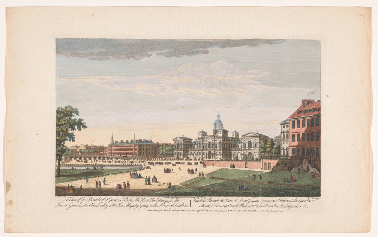 Utsikt over Horse Guards Parade i London med avgang av George II Augustus, kongen av Storbritannia, til House of Lords Utsikt over Parade of St. James Park, de nye bygningene for hestevaktene, Admiralitetet med Hans Majestet skal av Robert Sayer