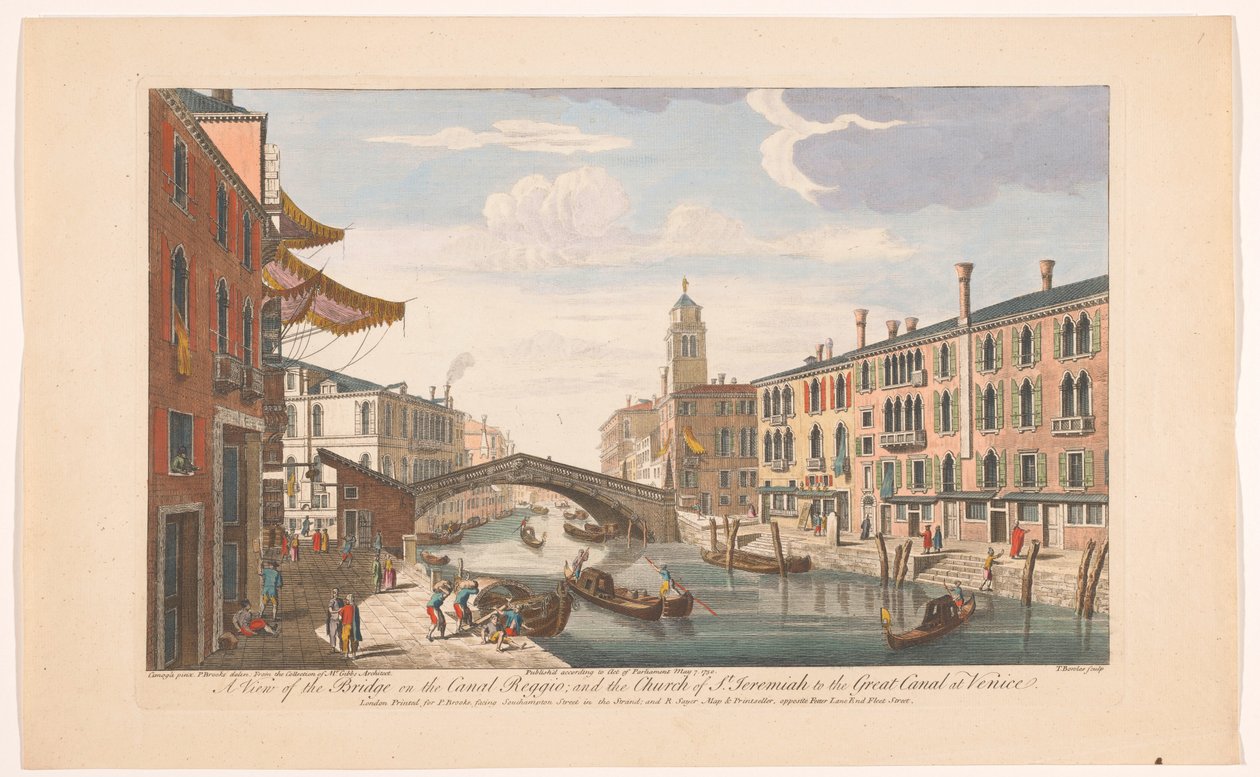 Se på Ponte delle Guglie over Canale di Cannaregio te Venetië En utsikt over broen på Canal Reggio; og St. Jeremia-kirken til den store kanalen i Venezia (tittel på objekt) Venetië (serietittel) av Robert Sayer