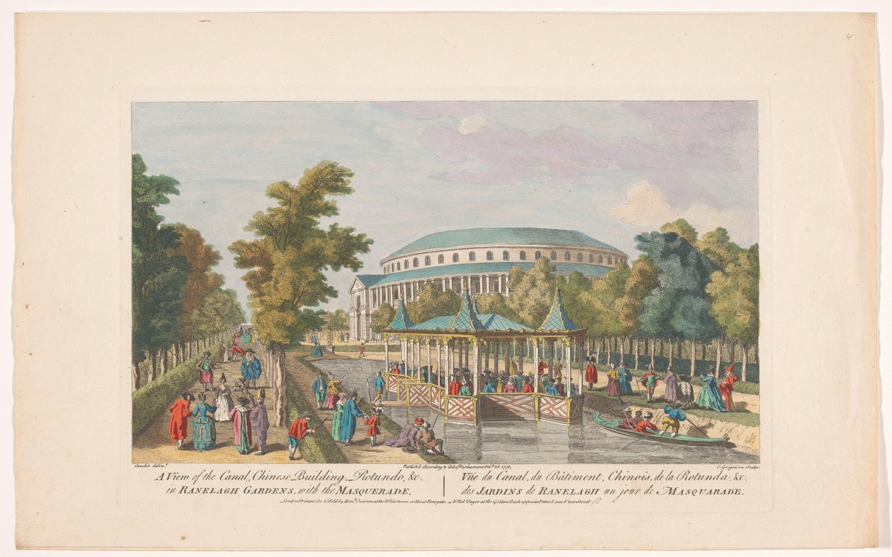 Utsikt over Rotunden og den kinesiske paviljongen på kanalen i Londons Ranelagh Gardens med et maskeradeball Utsikt over kanalen, kinesisk bygning, Rotundo osv. ved Ranelagh Gardens, med maskerade (tittel på objekt) Ranelagh Gardens og Vauxhall G av Robert Sayer