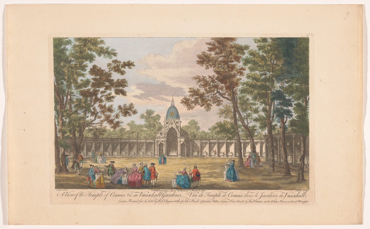 Utsikt over Temple of Comus i Vauxhall Gardens i London En utsikt over Temple of Comus &c. i Vauxhall Gardens (tittel på objekt) Ranelagh Gardens en Vauxhall Gardens (serietittel) av Robert Sayer