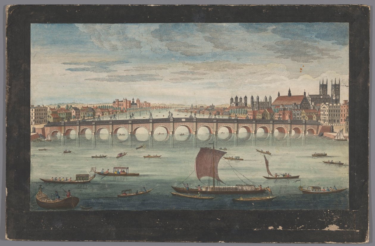 Utsikt over Westminster Bridge over Themsen i London, sett fra nord En sørlig utsikt over Westminster Bridge (tittel på objekt) av Robert Sayer