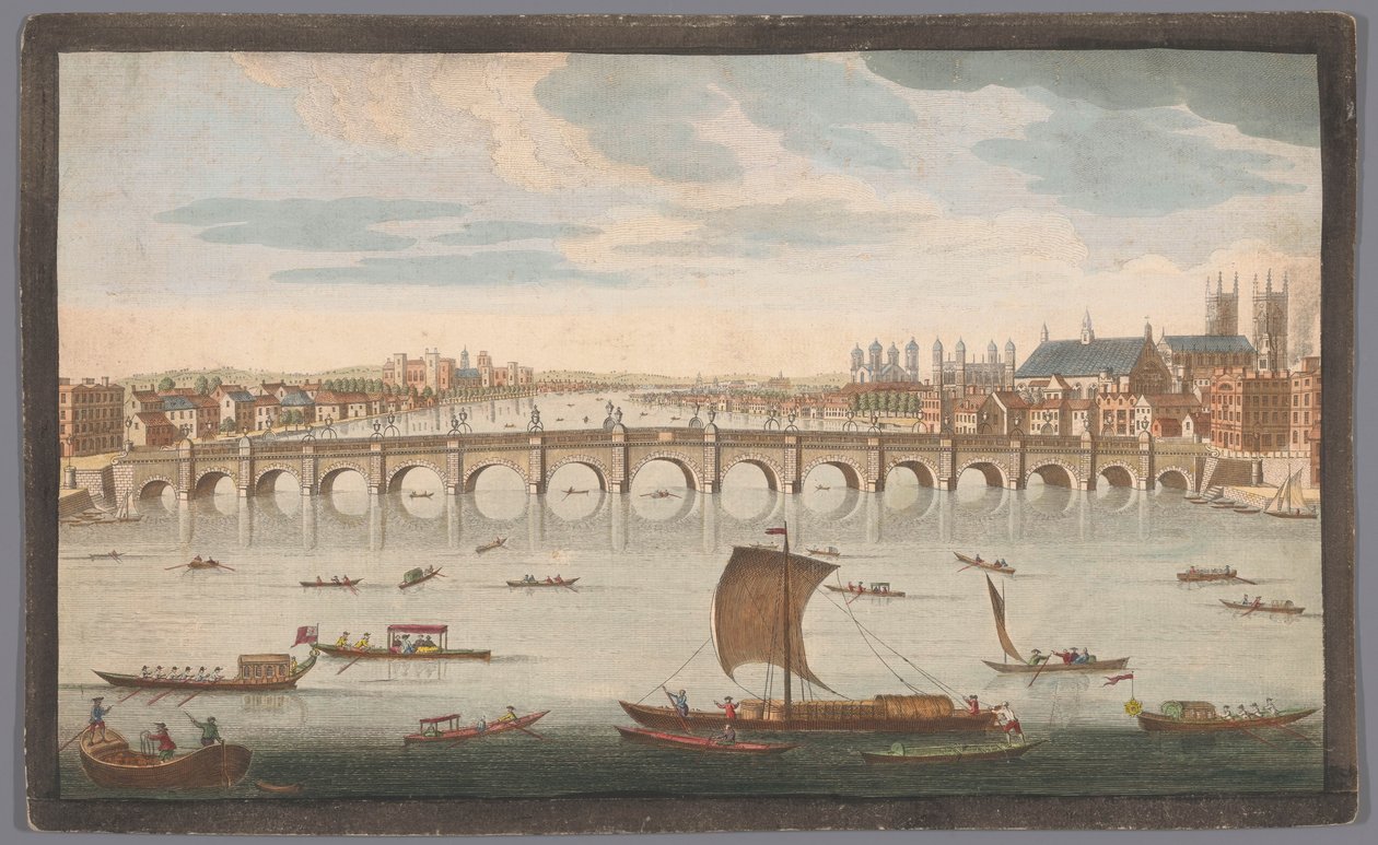 Utsikt over Westminster Bridge over Themsen i London, sett fra nord En sørlig utsikt over Westminster Bridge (tittel på objekt) av Robert Sayer